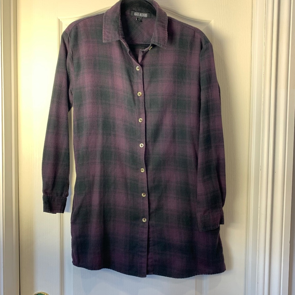 Bad Bones‎ Plaid Tunic Shirt Small | Purple Black Flannel Button-Up Unisex